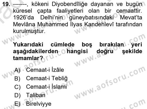 İslam Mezhepleri Tarihi Dersi 2022 - 2023 Yılı (Final) Dönem Sonu Sınav Soruları 19. Soru