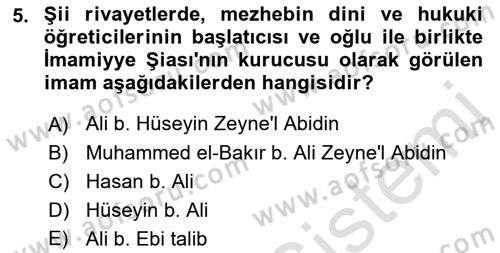 İslam Mezhepleri Tarihi Dersi 2022 - 2023 Yılı (Final) Dönem Sonu Sınav Soruları 5. Soru
