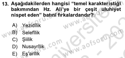 İslam Mezhepleri Tarihi Dersi 2022 - 2023 Yılı Yaz Okulu Sınav Soruları 13. Soru