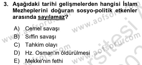 İslam Mezhepleri Tarihi Dersi 2022 - 2023 Yılı Yaz Okulu Sınav Soruları 3. Soru