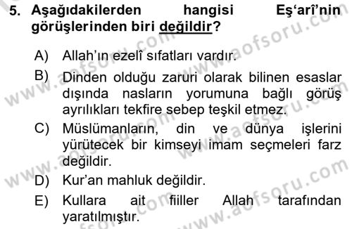 İslam Mezhepleri Tarihi Dersi 2022 - 2023 Yılı Yaz Okulu Sınav Soruları 5. Soru