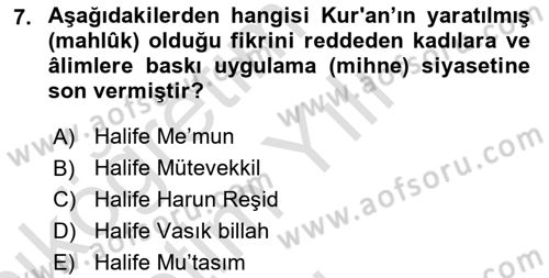 İslam Mezhepleri Tarihi Dersi 2022 - 2023 Yılı Yaz Okulu Sınav Soruları 7. Soru