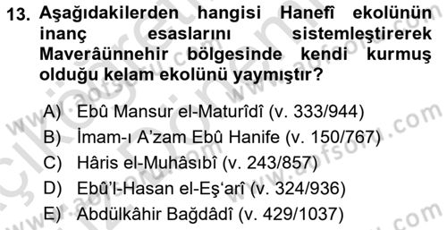 İslam Mezhepleri Tarihi Dersi Ara Sınavı Deneme Sınav Soruları 13. Soru