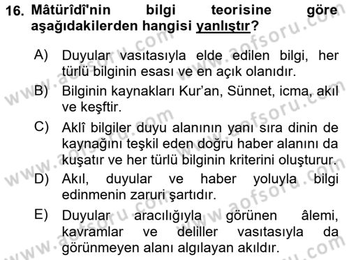 İslam Mezhepleri Tarihi Dersi Ara Sınavı Deneme Sınav Soruları 16. Soru