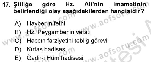 İslam Mezhepleri Tarihi Dersi Ara Sınavı Deneme Sınav Soruları 17. Soru