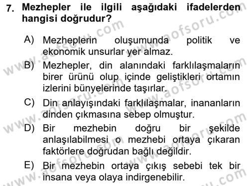 İslam Mezhepleri Tarihi Dersi Ara Sınavı Deneme Sınav Soruları 7. Soru