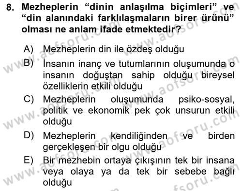İslam Mezhepleri Tarihi Dersi Ara Sınavı Deneme Sınav Soruları 8. Soru