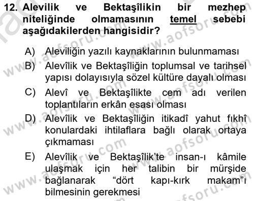 İslam Mezhepleri Tarihi Dersi 2023 - 2024 Yılı (Final) Dönem Sonu Sınav Soruları 12. Soru