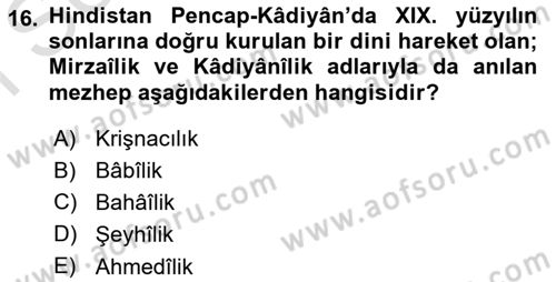İslam Mezhepleri Tarihi Dersi 2023 - 2024 Yılı (Final) Dönem Sonu Sınav Soruları 16. Soru