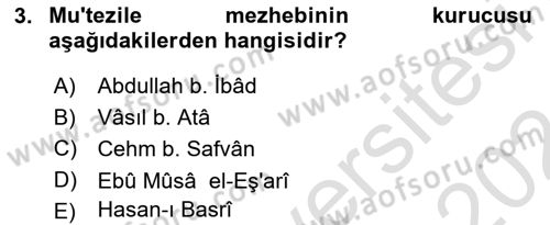 İslam Mezhepleri Tarihi Dersi 2023 - 2024 Yılı (Final) Dönem Sonu Sınav Soruları 3. Soru