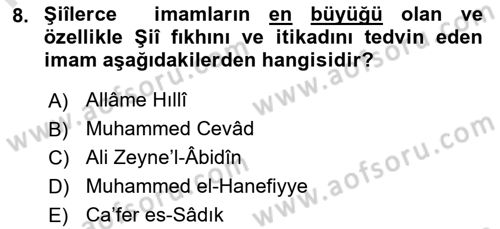 İslam Mezhepleri Tarihi Dersi 2023 - 2024 Yılı (Final) Dönem Sonu Sınav Soruları 8. Soru