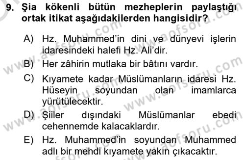 İslam Mezhepleri Tarihi Dersi 2023 - 2024 Yılı Yaz Okulu Sınav Soruları 9. Soru
