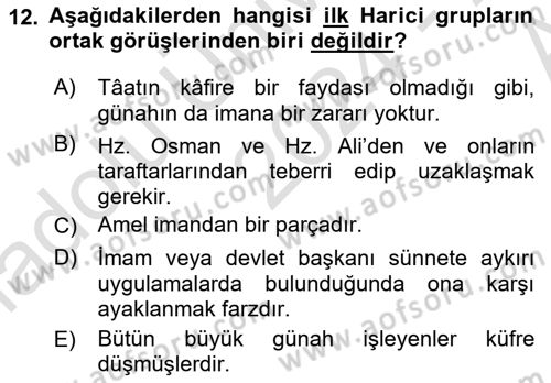 İslam Mezhepleri Tarihi Dersi 2024 - 2025 Yılı (Vize) Ara Sınav Soruları 12. Soru