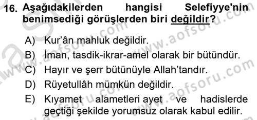 İslam Mezhepleri Tarihi Dersi Ara Sınavı Deneme Sınav Soruları 16. Soru