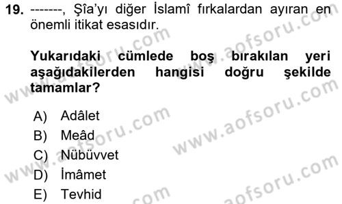İslam Mezhepleri Tarihi Dersi Ara Sınavı Deneme Sınav Soruları 19. Soru