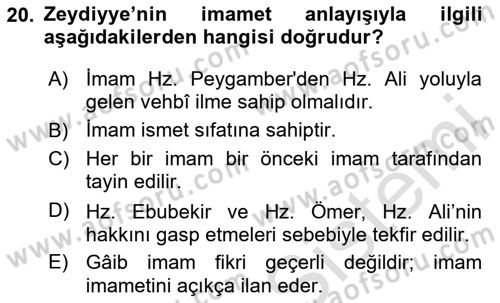 İslam Mezhepleri Tarihi Dersi Ara Sınavı Deneme Sınav Soruları 20. Soru