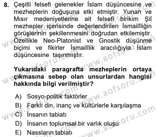 İslam Mezhepleri Tarihi Dersi 2024 - 2025 Yılı (Vize) Ara Sınav Soruları 8. Soru