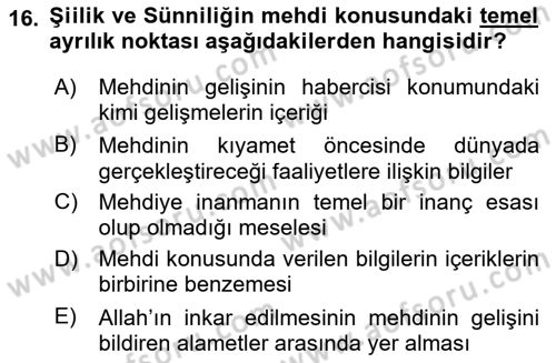 İslam Mezhepleri Tarihi Dersi 2024 - 2025 Yılı (Final) Dönem Sonu Sınav Soruları 16. Soru