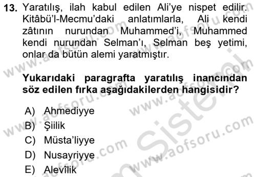 İslam Mezhepleri Tarihi Dersi 2024 - 2025 Yılı Yaz Okulu Sınav Soruları 13. Soru