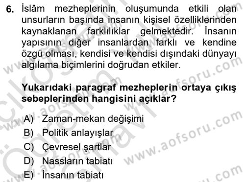 İslam Mezhepleri Tarihi Dersi 2024 - 2025 Yılı Yaz Okulu Sınav Soruları 6. Soru