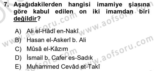 İslam Mezhepleri Tarihi Dersi 2024 - 2025 Yılı Yaz Okulu Sınav Soruları 7. Soru