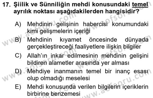 İslam Mezhepleri Tarihi Dersi 2025 - 2026 Yılı (Final) Dönem Sonu Sınav Soruları 17. Soru