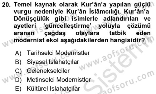 İslam Mezhepleri Tarihi Dersi 2025 - 2026 Yılı (Final) Dönem Sonu Sınav Soruları 20. Soru