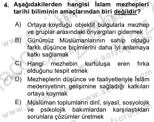 İslam Mezhepleri Tarihi Dersi 2025 - 2026 Yılı Yaz Okulu Sınav Soruları 4. Soru