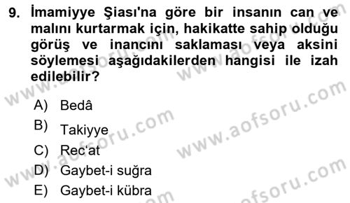 İslam Mezhepleri Tarihi Dersi 2025 - 2026 Yılı Yaz Okulu Sınav Soruları 9. Soru