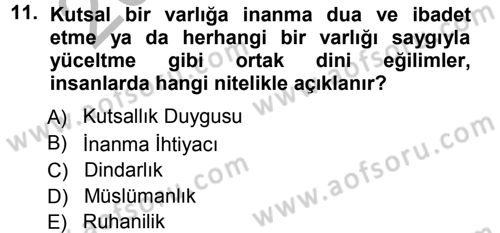 Din Psikolojisi Dersi Ara Sınavı Deneme Sınav Soruları 11. Soru