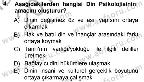 Din Psikolojisi Dersi Ara Sınavı Deneme Sınav Soruları 4. Soru