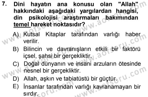 Din Psikolojisi Dersi Ara Sınavı Deneme Sınav Soruları 7. Soru
