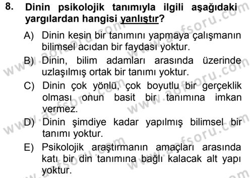 Din Psikolojisi Dersi Ara Sınavı Deneme Sınav Soruları 8. Soru