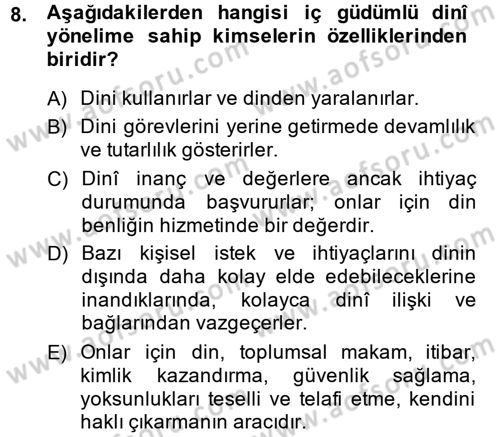 Din Psikolojisi Dersi Ara Sınavı Deneme Sınav Soruları 8. Soru