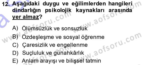 Din Psikolojisi Dersi Ara Sınavı Deneme Sınav Soruları 12. Soru