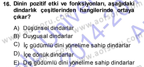 Din Psikolojisi Dersi Ara Sınavı Deneme Sınav Soruları 16. Soru