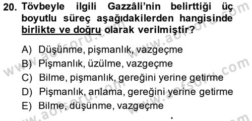 Din Psikolojisi Dersi 2014 - 2015 Yılı (Final) Dönem Sonu Sınavı 20. Soru