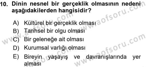 Din Psikolojisi Dersi Ara Sınavı Deneme Sınav Soruları 10. Soru