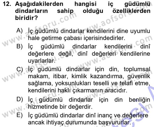 Din Psikolojisi Dersi Ara Sınavı Deneme Sınav Soruları 12. Soru