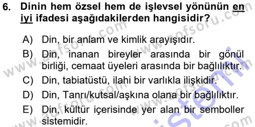 Din Psikolojisi Dersi Ara Sınavı Deneme Sınav Soruları 6. Soru