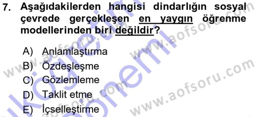 Din Psikolojisi Dersi Ara Sınavı Deneme Sınav Soruları 7. Soru