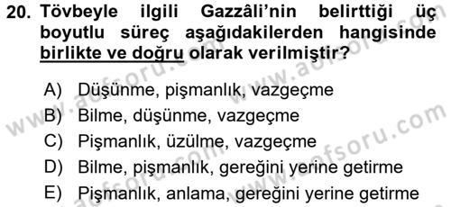 Din Psikolojisi Dersi 2015 - 2016 Yılı (Final) Dönem Sonu Sınav Soruları 20. Soru