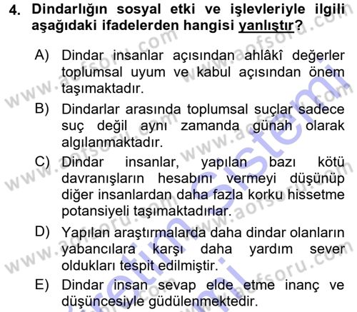 Din Psikolojisi Dersi 2015 - 2016 Yılı (Final) Dönem Sonu Sınav Soruları 4. Soru