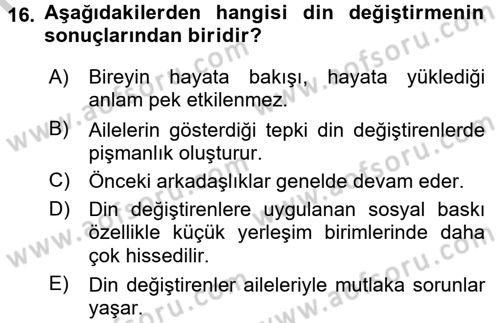 Din Psikolojisi Dersi 2016 - 2017 Yılı 3 Ders Sınav Soruları 16. Soru
