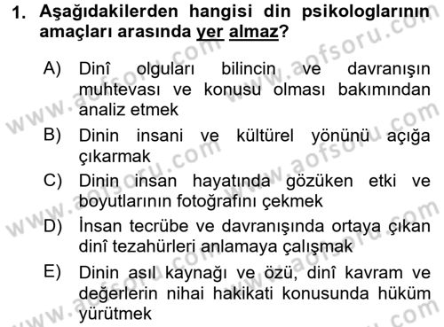 Din Psikolojisi Dersi 2016 - 2017 Yılı (Vize) Ara Sınav Soruları 1. Soru