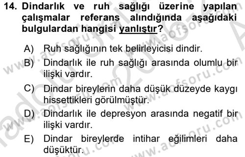 Din Psikolojisi Dersi Ara Sınavı Deneme Sınav Soruları 14. Soru
