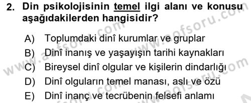 Din Psikolojisi Dersi Ara Sınavı Deneme Sınav Soruları 2. Soru
