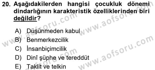 Din Psikolojisi Dersi Ara Sınavı Deneme Sınav Soruları 20. Soru