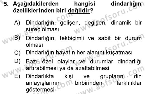 Din Psikolojisi Dersi 2016 - 2017 Yılı (Vize) Ara Sınav Soruları 5. Soru
