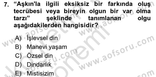 Din Psikolojisi Dersi Ara Sınavı Deneme Sınav Soruları 7. Soru